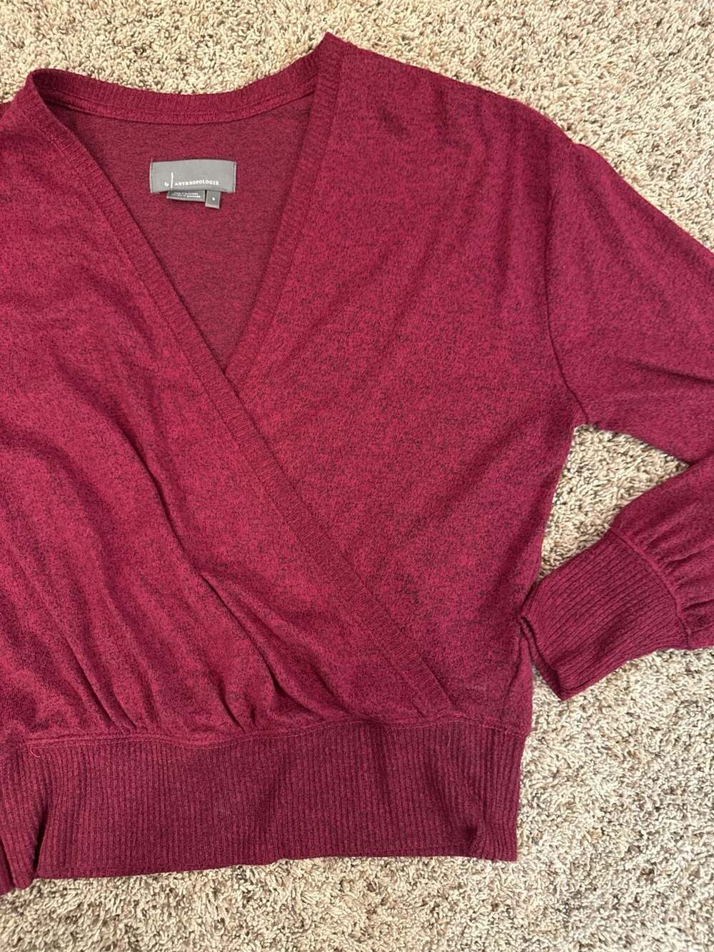 Anthropologie Rocio Surplice Wrap V-Neck Soft Pullover Sweater in Wine